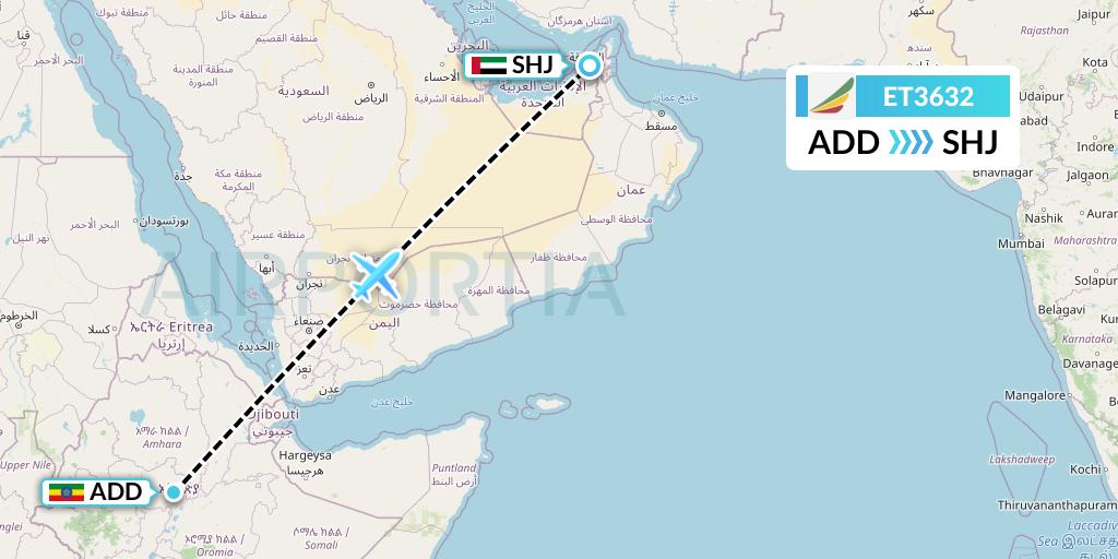 ET3632 Ethiopian Airlines Flight Map: Addis Ababa to Sharjah