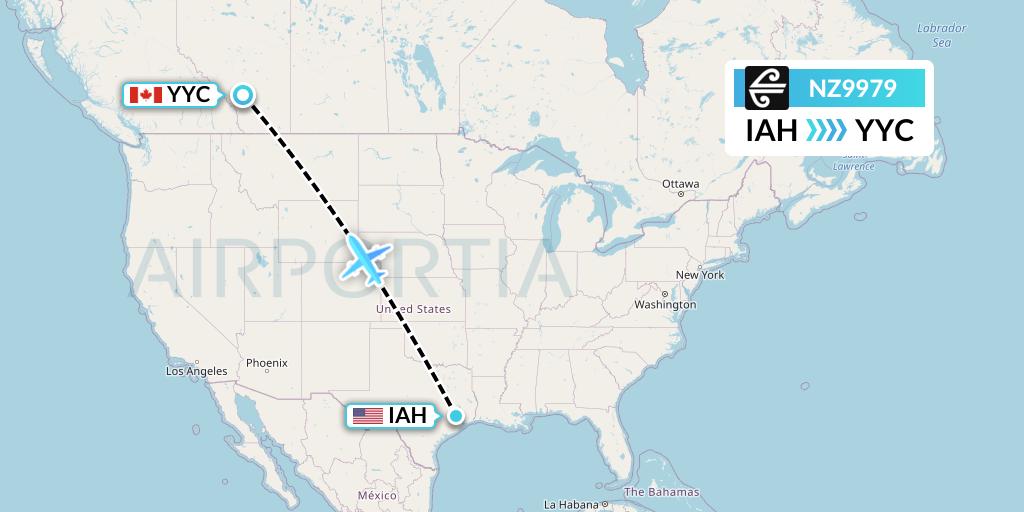 NZ9979 Air New Zealand Flight Map: Houston to Calgary