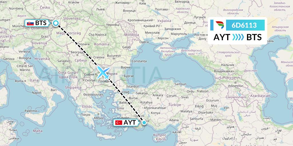 6D6113 Travel Service Slovakia Flight Map: Antalya to Bratislava