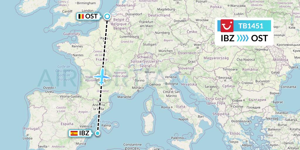 TB1451 TUI fly Belgium Flight Map: Ibiza to Ostend