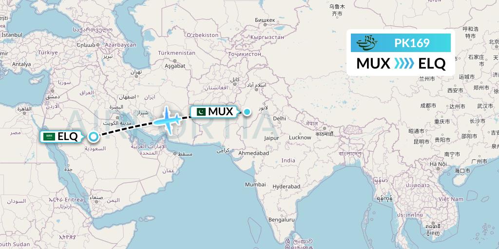 PK169 Pakistan International Airlines Flight Map: Multan to Al-Qassim