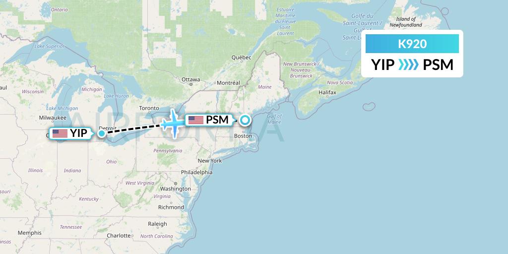 K920 Kalitta Charters Flight Map: Detroit to Portsmouth