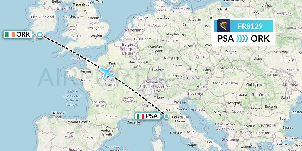 FR8129 Ryanair Flight Map: Pisa to Cork