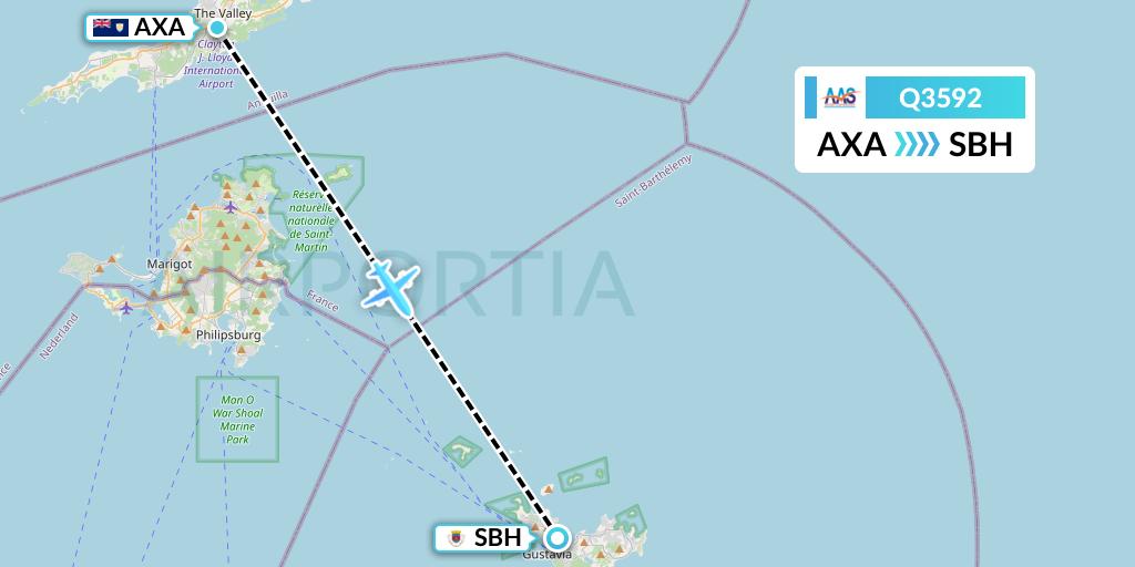 Q3592 Anguilla Air Services Flight Map: The Valley to St. Jean