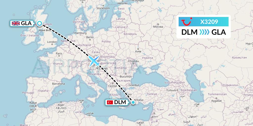 X3209 TUI fly Germany Flight Map: Dalaman to Glasgow