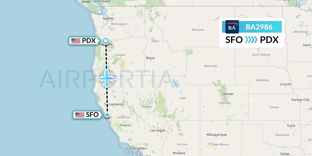 BA2986 British Airways Flight Map: San Francisco to Portland