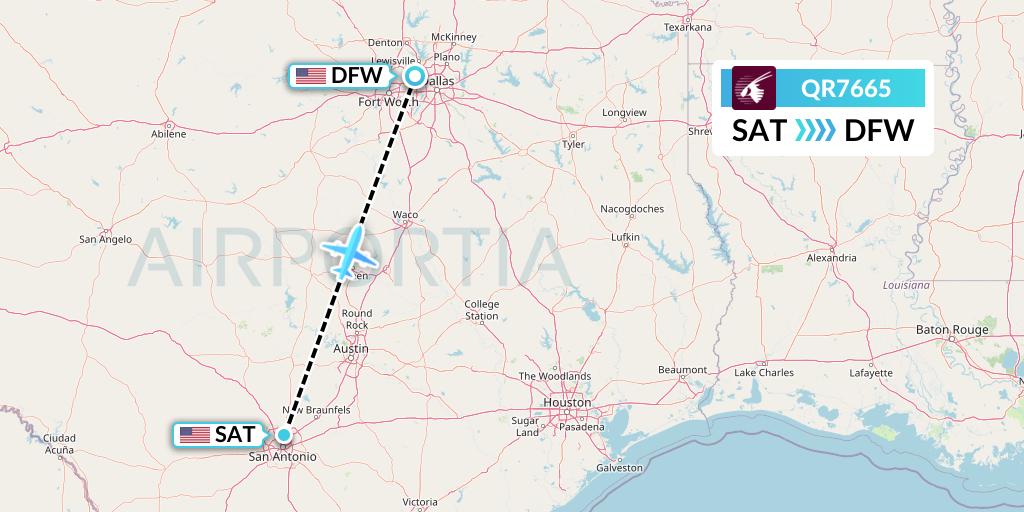 QR7665 Qatar Airways Flight Map: San Antonio to Dallas