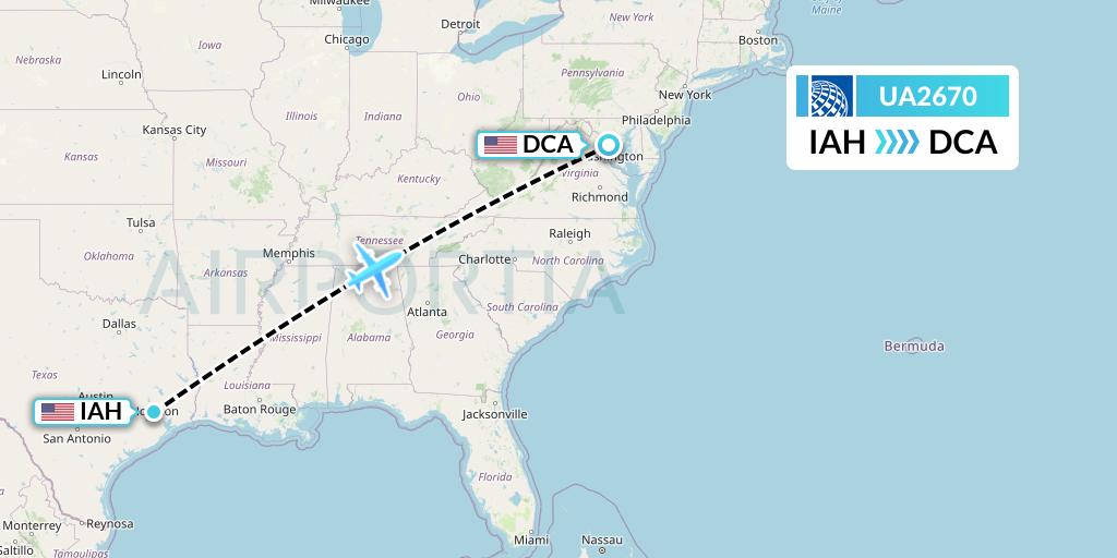 UA2670 United Airlines Flight Map: Houston to Washington