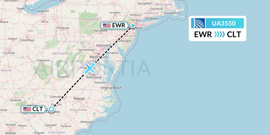 UA3550 United Airlines Flight Map: New York to Charlotte