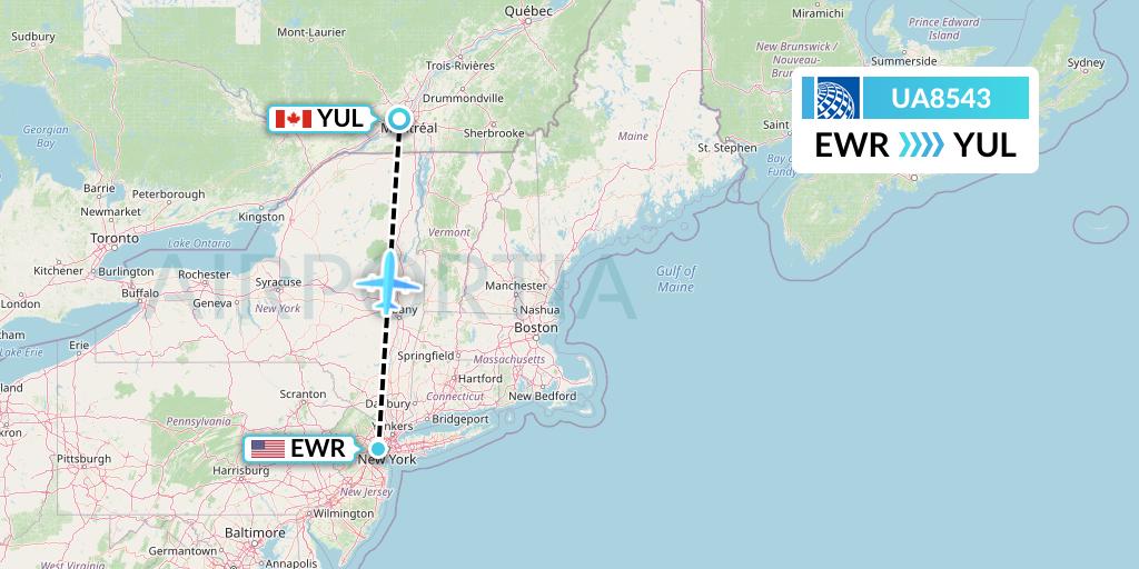UA8543 United Airlines Flight Map: New York to Montreal