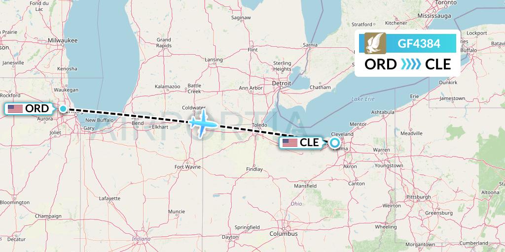 GF4384 Gulf Air Flight Map: Chicago to Cleveland