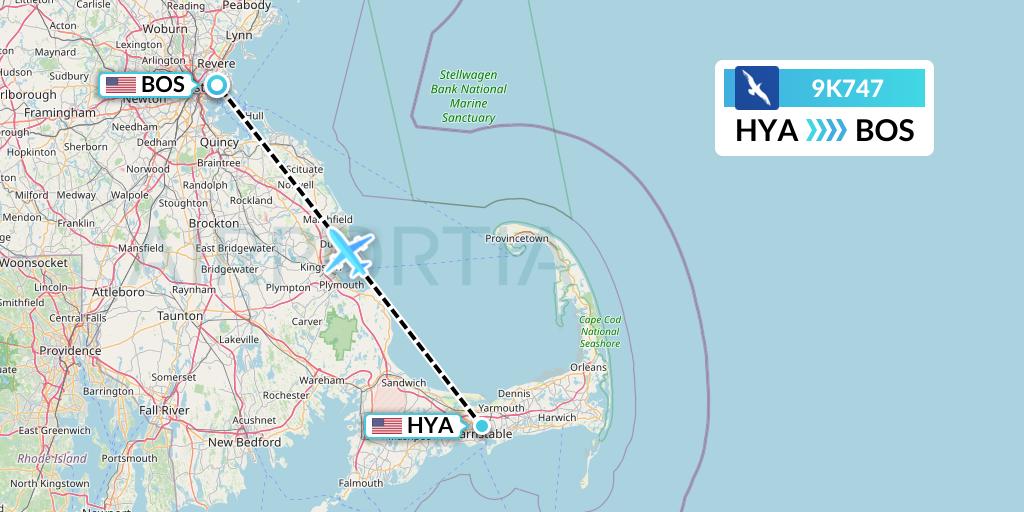 9K747 Cape Air Flight Map: Hyannis to Boston