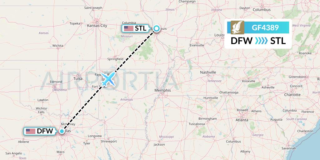 GF4389 Gulf Air Flight Map: Dallas to St. Louis