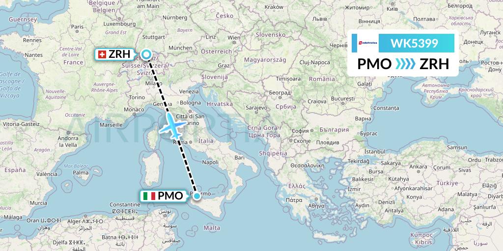 WK5399 Edelweiss Air Flight Map: Palermo to Zurich