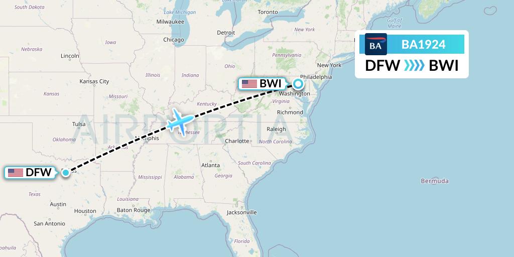 BA1924 British Airways Flight Map: Dallas to Baltimore