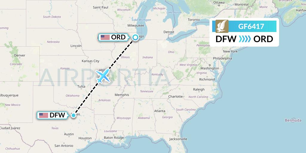 GF6417 Gulf Air Flight Map: Dallas to Chicago