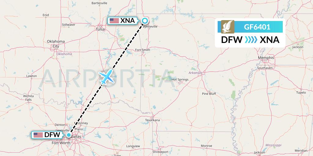 GF6401 Gulf Air Flight Map: Dallas to Bentonville
