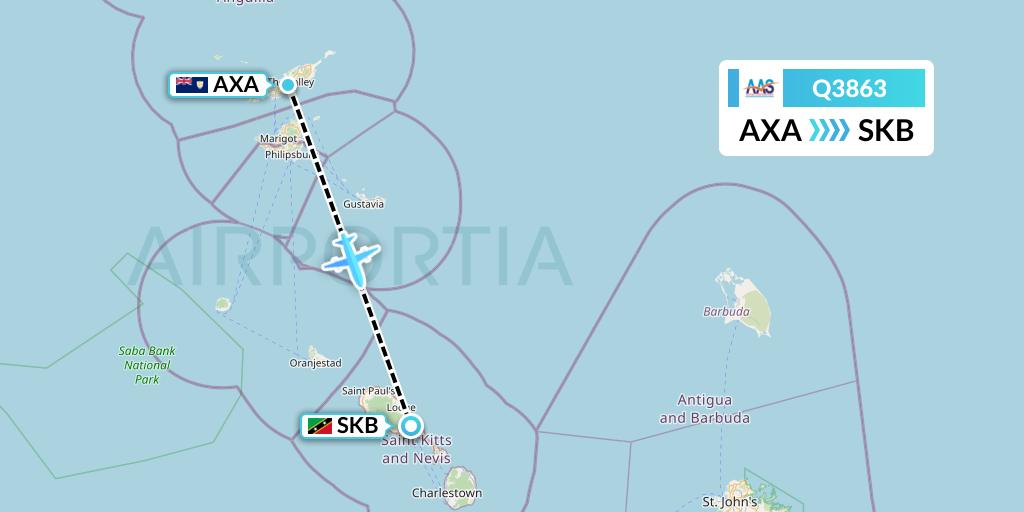 Q3863 Anguilla Air Services Flight Map: The Valley to Basseterre