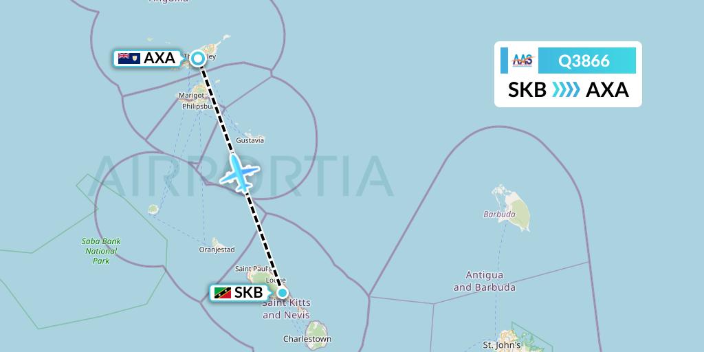 Q3866 Anguilla Air Services Flight Map: Basseterre to The Valley