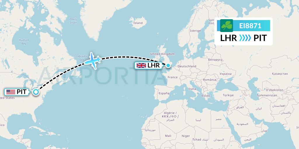EI8871 Aer Lingus Flight Map: London to Pittsburgh