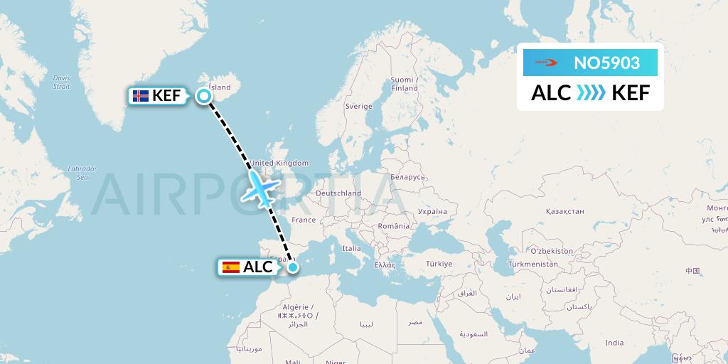 NO5903 Neos Flight Map: Alicante to Reykjavik
