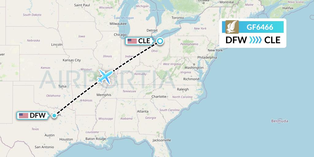 GF6466 Gulf Air Flight Map: Dallas to Cleveland