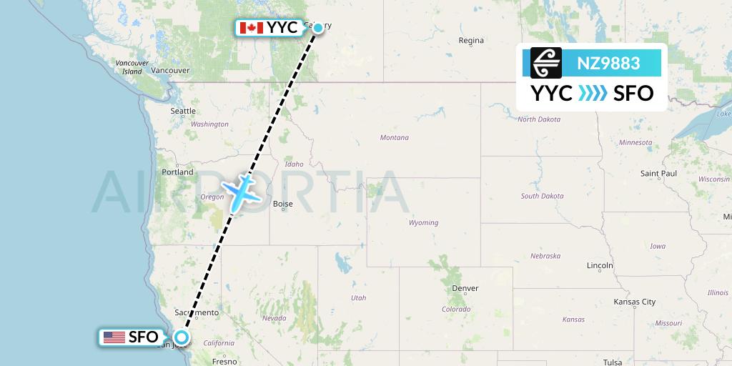 NZ9883 Air New Zealand Flight Map: Calgary to San Francisco