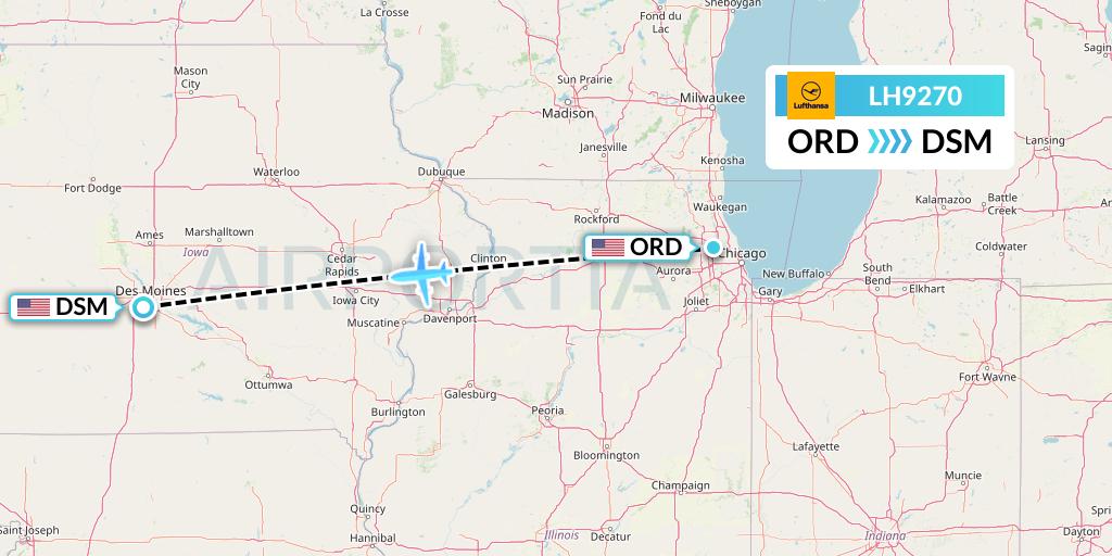 LH9270 Lufthansa Flight Map: Chicago to Des Moines