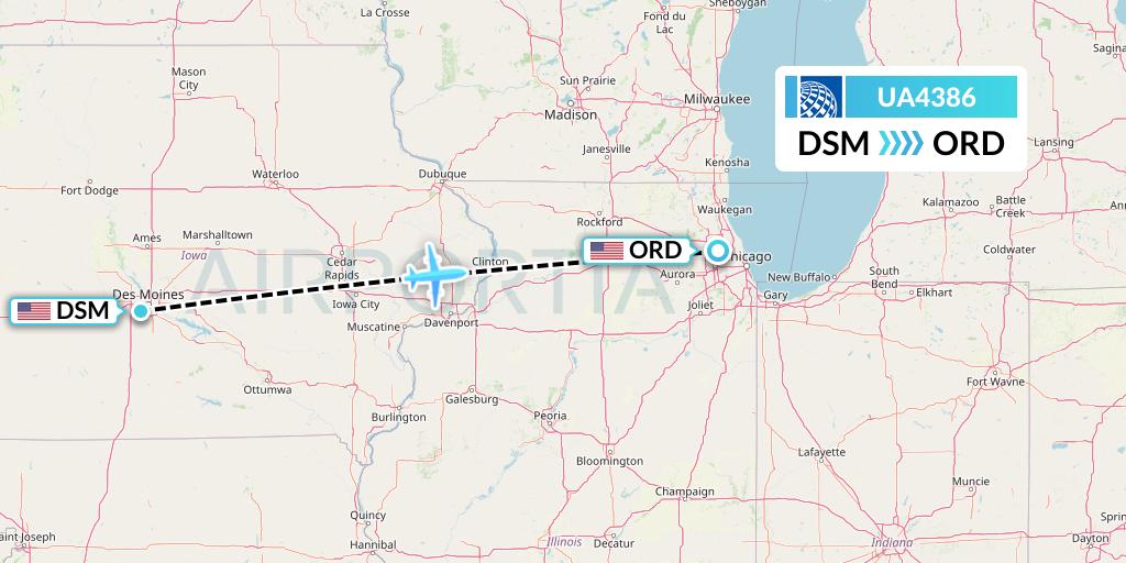 UA4386 United Airlines Flight Map: Des Moines to Chicago