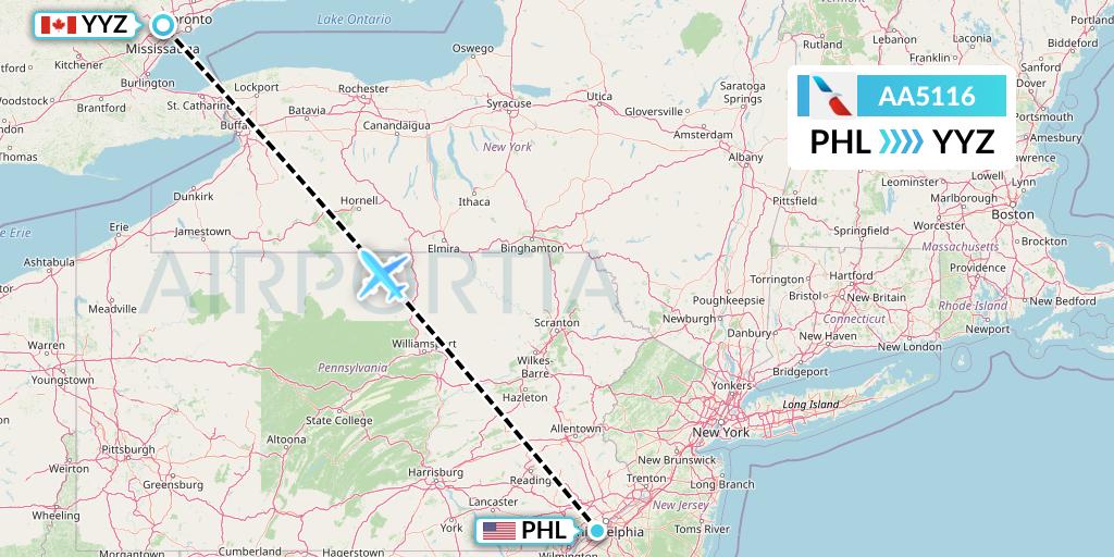 AA5116 American Airlines Flight Map: Philadelphia to Toronto