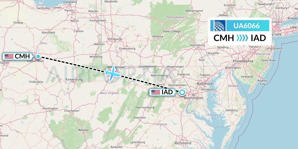 UA6066 United Airlines Flight Map: Columbus to Washington