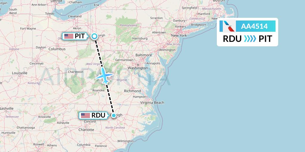 AA4514 American Airlines Flight Map: Raleigh-Durham to Pittsburgh