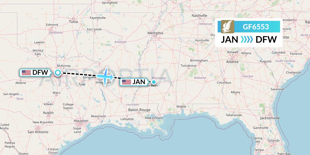 GF6553 Gulf Air Flight Map: Jackson to Dallas