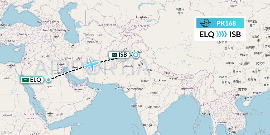 PK168 Pakistan International Airlines Flight Map: Al-Qassim to Islamabad