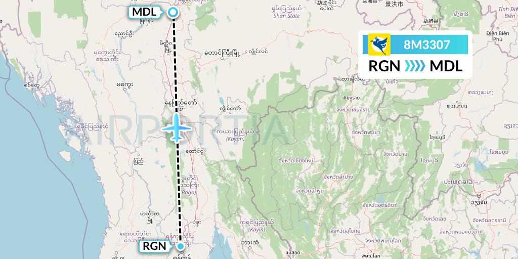 8M3307 Myanmar Airways International Flight Map: Yangon to Mandalay