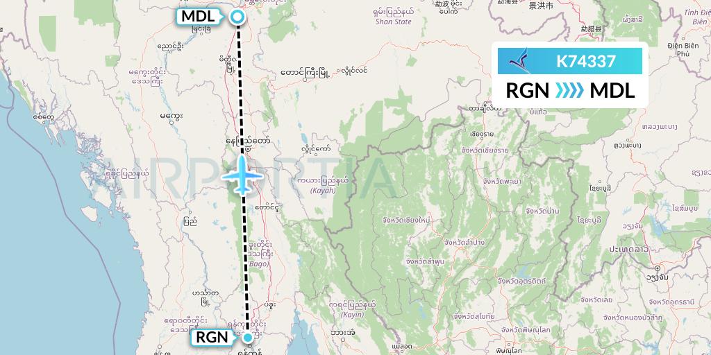 K74337 Air KBZ Flight Map: Yangon to Mandalay