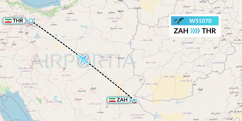 W51070 Mahan Air Flight Map: Zahedan to Tehran