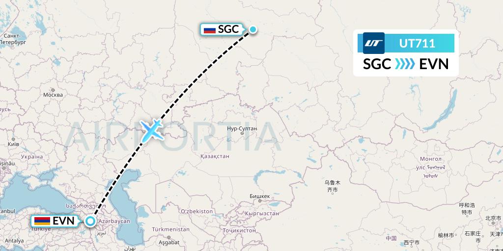 UT711 UTair Flight Map: Surgut to Yerevan
