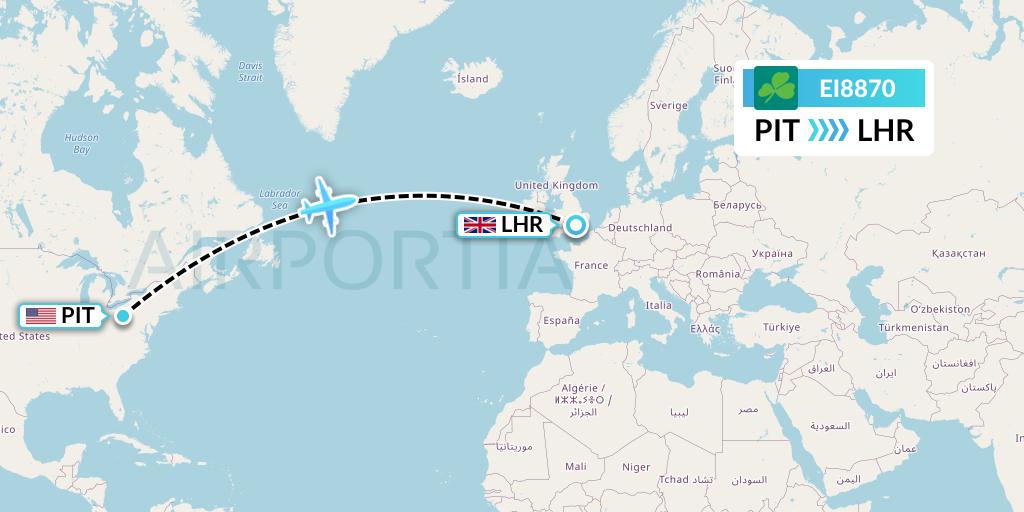EI8870 Aer Lingus Flight Map: Pittsburgh to London