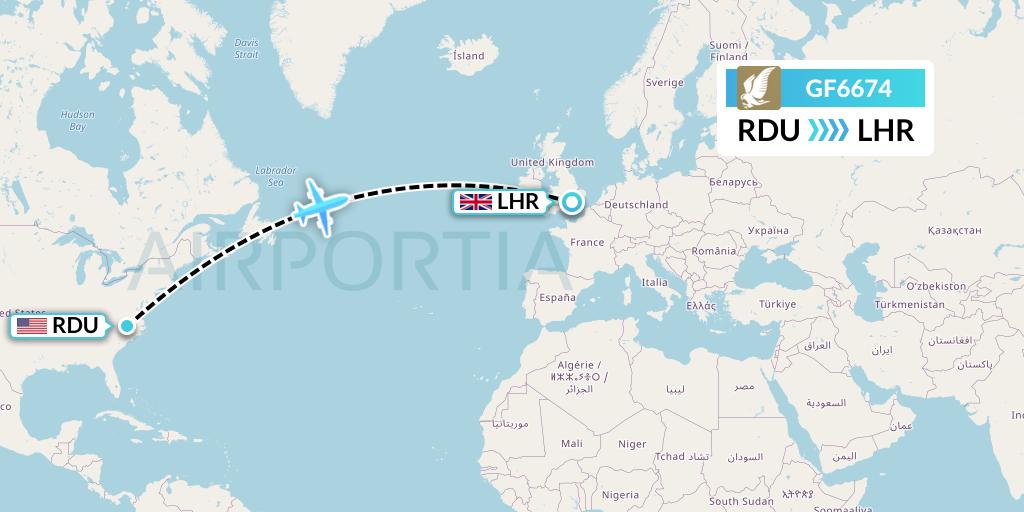 GF6674 Gulf Air Flight Map: Raleigh-Durham to London