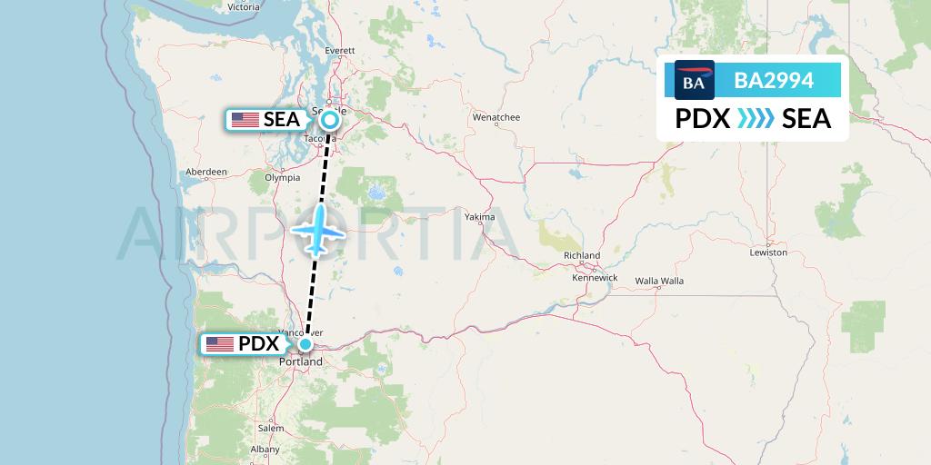 BA2994 British Airways Flight Map: Portland to Seattle