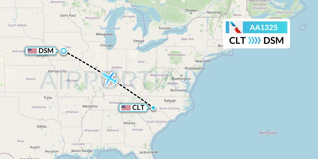 AA1325 American Airlines Flight Map: Charlotte to Des Moines