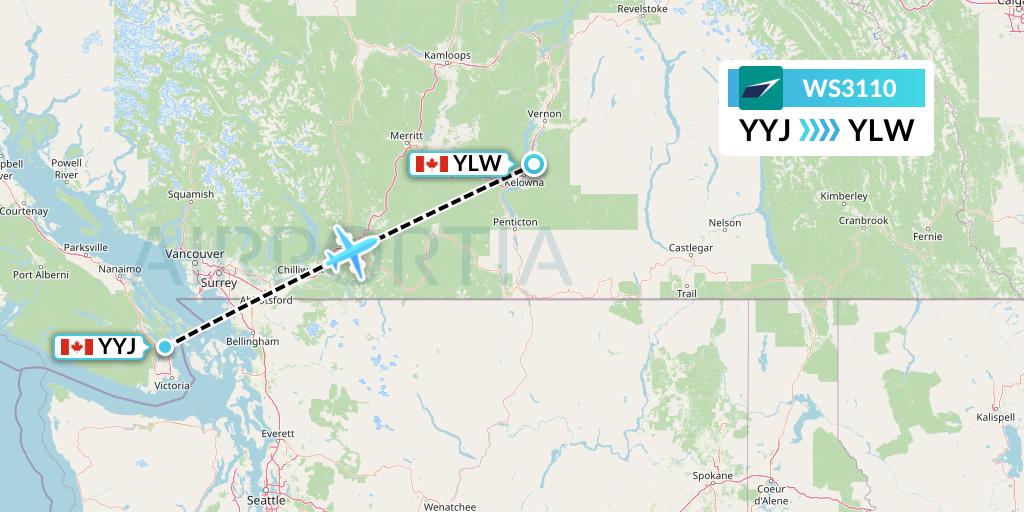 WS3110 WestJet Flight Map: Victoria to Kelowna