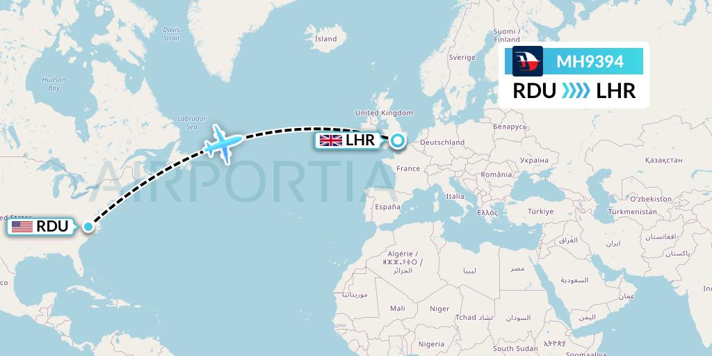 MH9394 Malaysia Airlines Flight Map: Raleigh-Durham to London