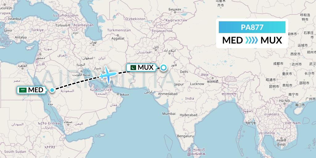 PA877 AirBlue Flight Map: Medina to Multan