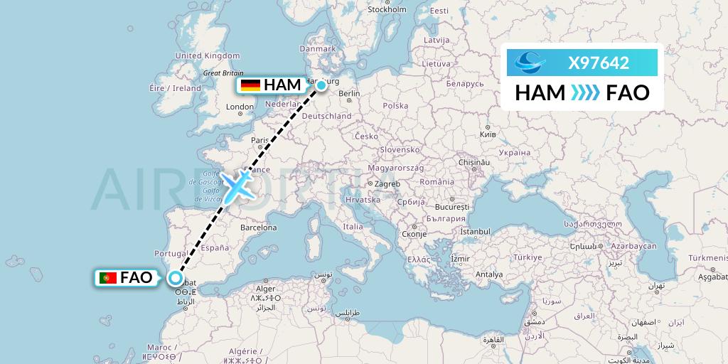 X97642 Avion Express Flight Map: Hamburg to Faro