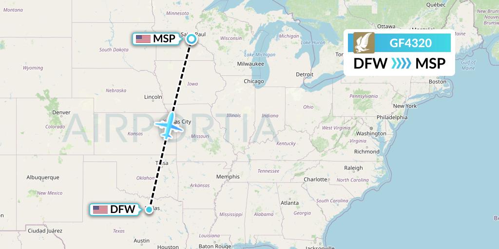 GF4320 Gulf Air Flight Map: Dallas to Minneapolis