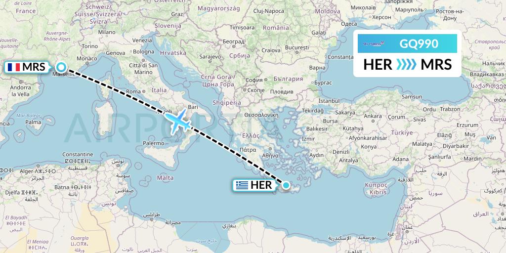 GQ990 Sky Express (Greece) Flight Map: Heraklion to Marseille