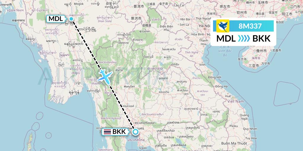8M337 Myanmar Airways International Flight Map: Mandalay to Bangkok