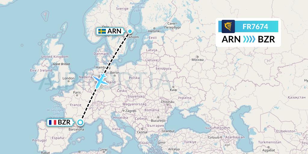 FR7674 Ryanair Flight Map: Stockholm to Beziers